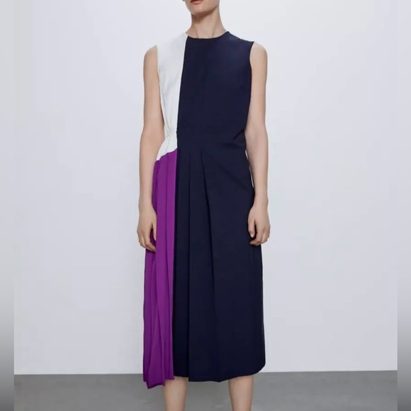 ZARA Women Pleated Patchwork Dress Navy Blue M - Picture 2 of 12